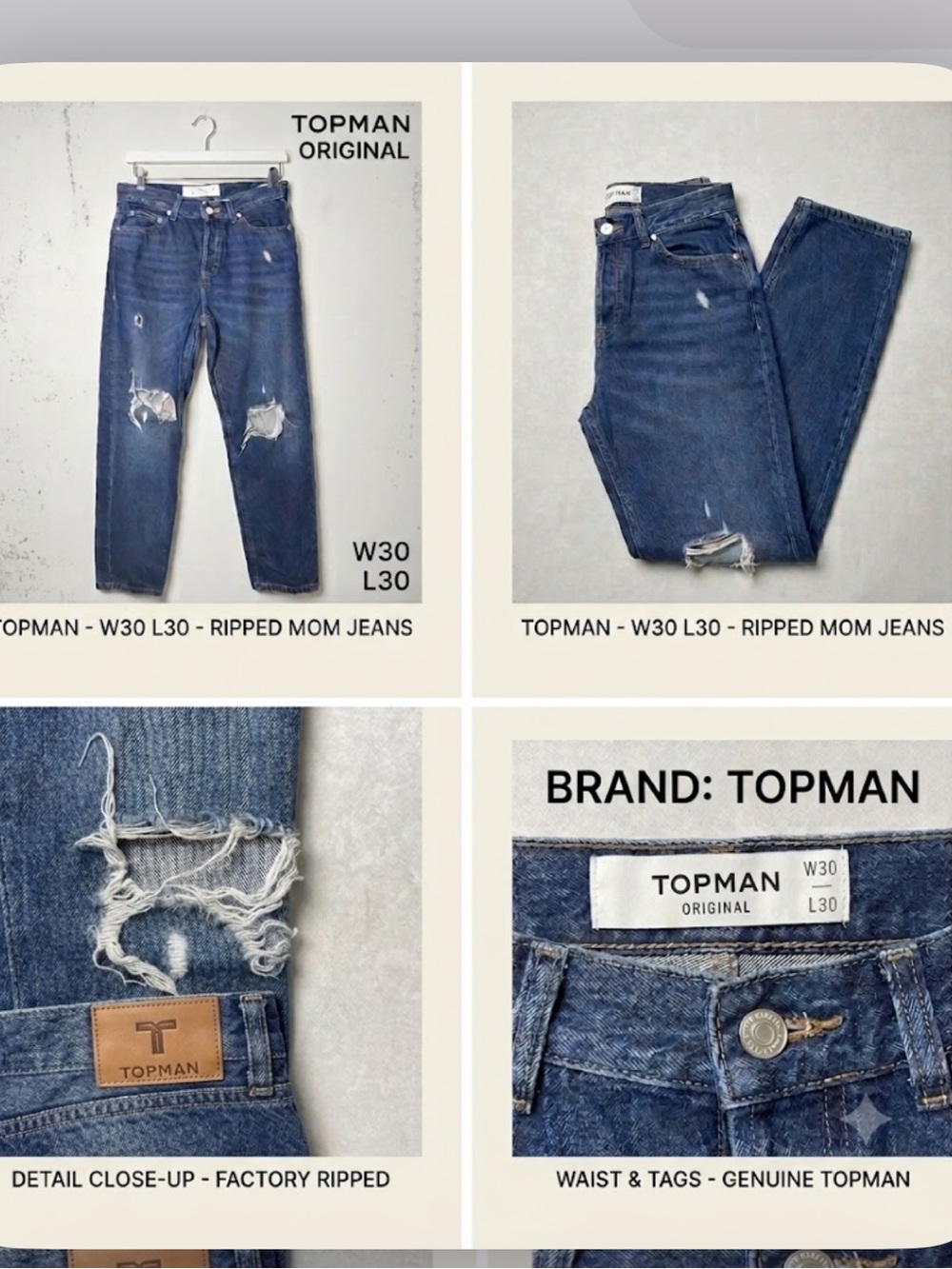 Topman men's size 30 x 30 distressed jeans rip button fly mid wash blue pocket